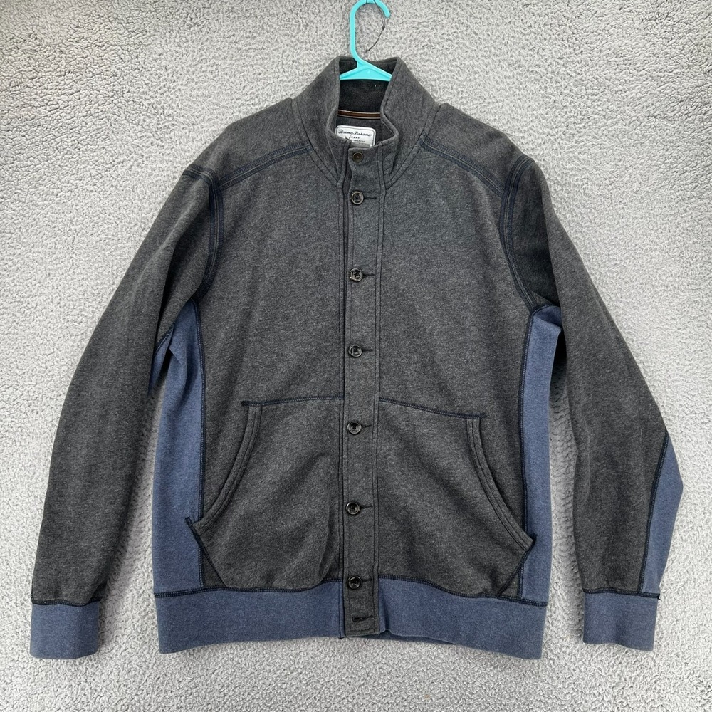 Tommy‎ Bahama Sweater Mens XL Gray Blue Button Island Modern Fit Mock Fleece